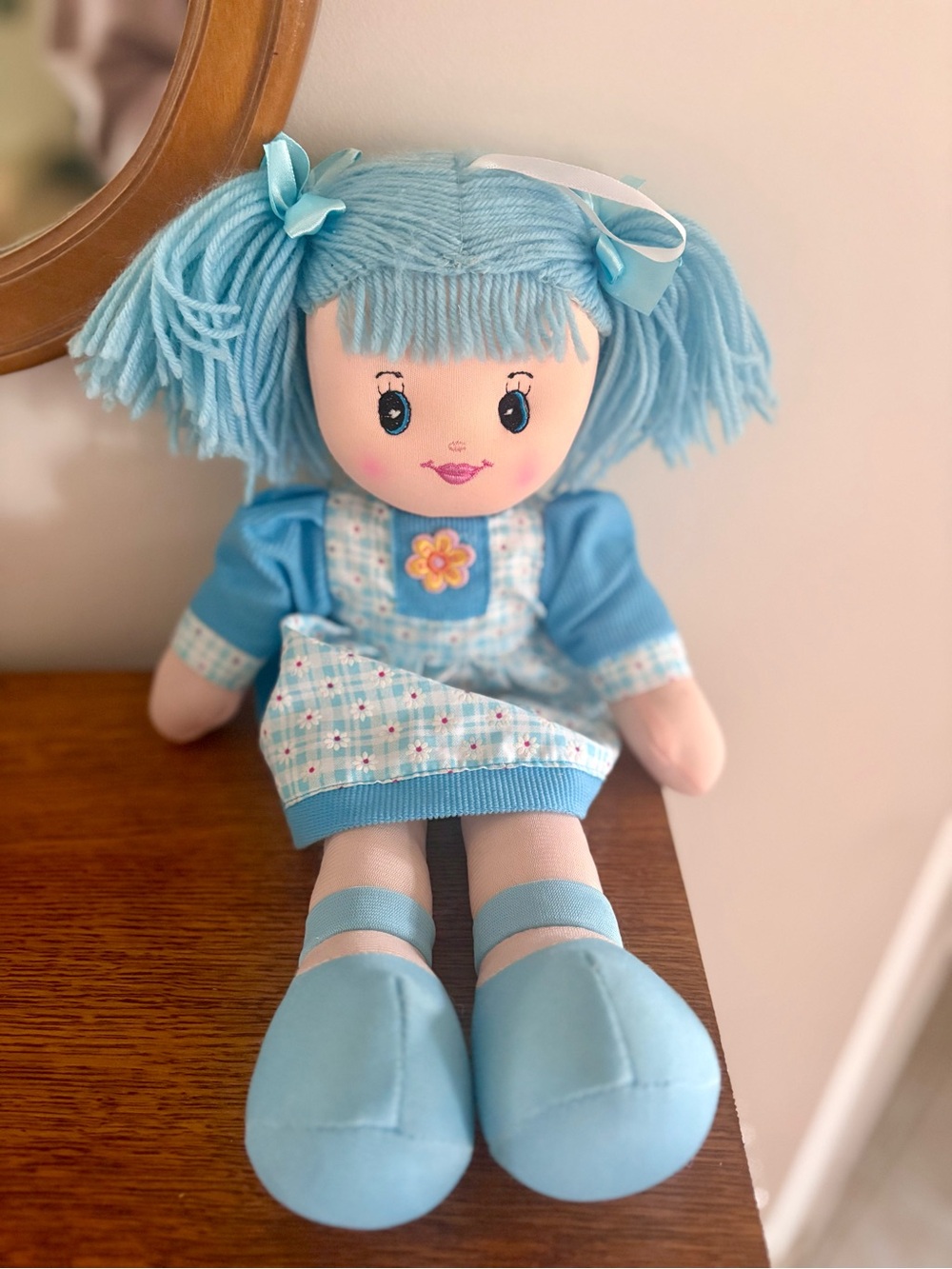 Vintage Blue Rag Doll with Floral Applique Dress